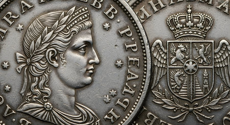 A detailed macro photograph of ancient silver coins, showcasing a classical portrait with a laurel wreath on one and an ornate coat of arms with a crown on the other. The image is rich with history, numismatics, value, and antique currency.の素材