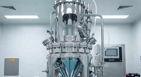 A large, sterile stainless steel bioreactor or fermenter stands in a modern, white pharmaceutical laboratory or cleanroom. This high-tech equipment is used for bioprocessing in the production of medicines, vaccines, or other biotechnological products.の素材