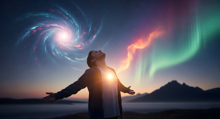 A spiritual and awe-inspiring scene of a man with his arms wide open, looking up at a magnificent cosmic sky filled with a spiral galaxy and the aurora borealis. A warm light emanates from his chest, symbolizing inner power, enlightenment, or a deep connection to the universe. The image conveys wonder, freedom, and spiritual awakening.の素材