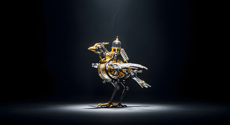 An exquisitely detailed mechanical bird, crafted in a steampunk style with visible gears, brass components, and intricate clockwork, stands spotlit against a dark background. This automaton represents the fusion of art and engineering, highlighting meticulous craftsmanship, fantasy, and retro-futuristic technology. A wisp of smoke or steam adds to the atmospheric feel.の素材