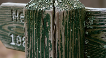 A detailed close-up of an old wooden trail marker post, showing the rich texture of the weathered wood grain, cracked and peeling green paint, and patches of lichen. The image evokes a sense of age, nature, hiking, and the passage of time. The blurred background suggests a forest or park setting.の素材