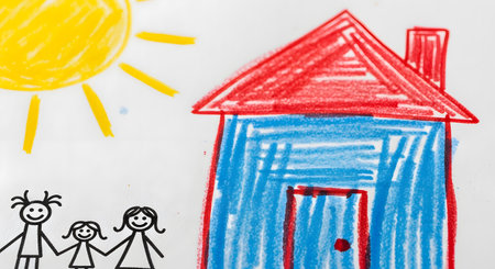 A charming and colorful child's drawing, made with wax crayons, depicts a happy stick-figure family holding hands outside their house under a smiling yellow sun. The image evokes feelings of childhood innocence, family, love, and the concept of home.の素材