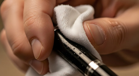 An extreme close-up photograph captures a pair of hands carefully drying the barrel of a wet black pen with a textured white cloth. The image highlights the process of cleaning, care, and maintenance for a cherished object.の素材