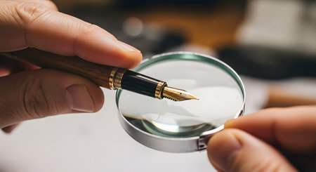 A person's hands hold a magnifying glass to get a close-up, detailed view of the nib of a classic fountain pen. The scene suggests inspection, quality control, appraisal, attention to detail, or a passion for fine writing instruments.の素材