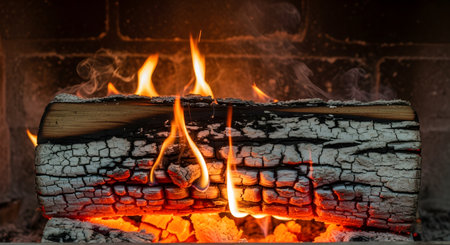 A mesmerizing close-up of a thick log burning brightly in a fireplace. The image captures the fiery orange glow of the embers, the dancing flames, and the detailed cracked texture of the charred wood. This scene evokes feelings of warmth, comfort, and the cozy ambiance of a winter evening.の素材