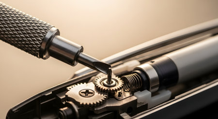 An extreme macro shot shows the tip of a small screwdriver precisely adjusting a tiny metal gear within a complex mechanism. The image highlights the intricate workings of a watch or other delicate device, emphasizing concepts of precision, engineering, repair, and attention to detail.の素材