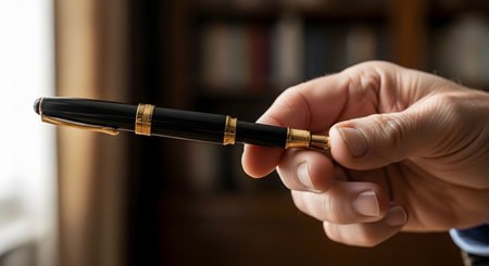 A man's hand holds a classic and elegant black fountain pen with gold trim in a professional setting with a bookshelf in the background. The image suggests business, success, signing a contract, or giving a prestigious gift.の素材