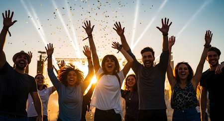 A diverse group of excited young friends are cheering with their hands in the air amidst falling confetti at an outdoor music festival at sunset. The stage lights in the background and their joyful expressions capture the energy and excitement of a live event.の素材