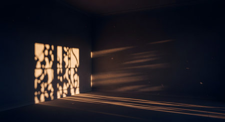 An atmospheric shot of an empty, dark room where sunlight streams through a window, casting a beautiful, dappled shadow pattern on the wall and floor. Dust particles float in the beams of light, adding to the moody and tranquil feeling of solitude. The image represents concepts of loneliness, peace, and the passage of time.の素材