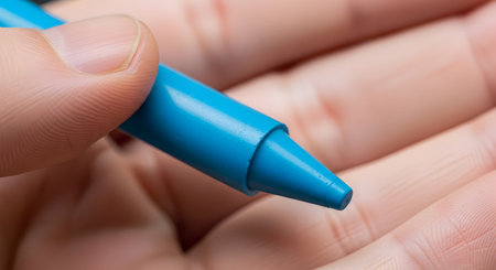 A macro shot shows a person's fingers and palm holding a bright blue, plastic, twistable crayon. The focus is on the waxy tip of the crayon, ready for drawing, evoking themes of childhood, art, and creativity.の素材