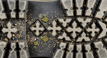An extreme macro shot focuses on the rugged tread of a dirty work boot sole, with small stones and dirt particles embedded within the pattern. The image conveys themes of hard work, labor, hiking, and the wear and tear of outdoor activity.の素材
