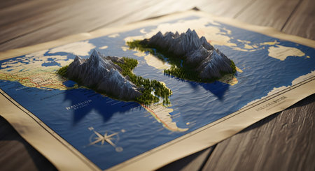 A stylized 3D topographic map lies on a wooden surface, featuring exaggerated mountain ranges on the landmasses, particularly resembling Italy. The vintage-style map with a compass rose evokes themes of adventure, exploration, cartography, and strategic planning. The image blends old-world aesthetics with modern 3D rendering.の素材