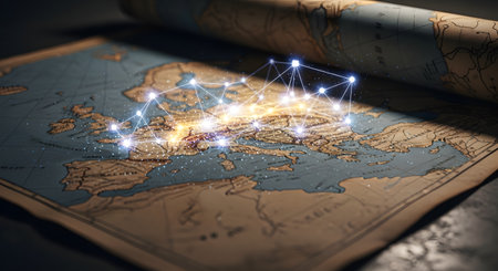 A glowing digital network of interconnected nodes is superimposed on a vintage map of Europe, visualizing modern data and communication routes over a historical background. This image represents concepts like globalization, European logistics, data networks, and the blend of history with modern technology.の素材