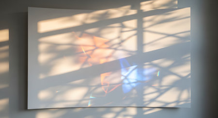 An abstract and minimalist photo showing the soft shadows of a window frame and tree branches cast upon a curved white surface. Colorful light refractions, or caustics, add touches of orange and blue, creating a dreamy and ethereal effect. The image is serene and explores the beautiful interplay of light, shadow, and color.の素材