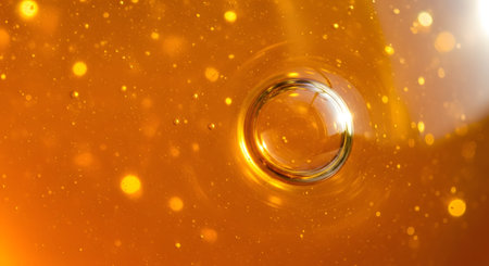 A beautiful macro photograph of a large, clear air bubble on the surface of a golden, viscous liquid such as honey, syrup, or oil. The warm, glowing liquid is filled with smaller bubbles and bokeh highlights, creating a rich and appealing abstract background. This image can represent sweetness, luxury, or natural products.の素材