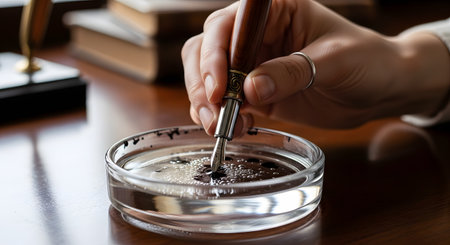 A close-up shot of a hand dipping an ornate, wooden calligraphy pen into a glass inkwell filled with black ink. The scene is set on a classic writer's desk, evoking a sense of traditional writing, art, and thoughtful correspondence.の素材