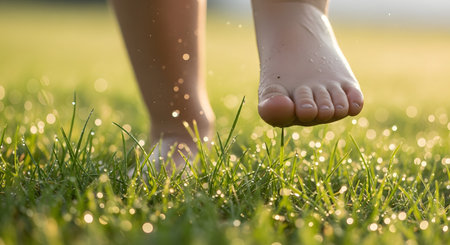 A close-up shot of a child's bare feet stepping onto lush, green grass covered in sparkling morning dew. The warm sunlight creates a beautiful bokeh effect, highlighting the water droplets. The image evokes a sense of freedom, innocence, connection with nature, and the simple joys of childhood.の素材