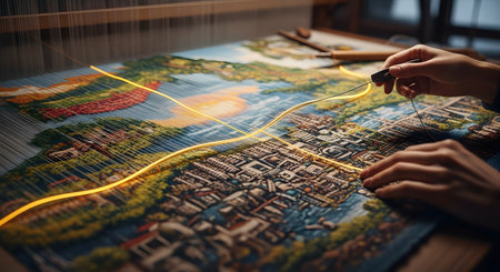 The hands of an artisan are weaving an intricate and colorful tapestry on a loom, with a single thread that glows with a magical golden light. This conceptual image represents the fusion of traditional craft with modern ideas, storytelling, or adding a special, magical element to a creation.の素材