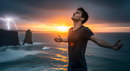 A dramatic scene shows a young man standing on a cliff edge overlooking a turbulent ocean, with his arms outstretched in a gesture of freedom or surrender. The sky is a mix of a beautiful sunset and a powerful lightning storm, symbolizing a blend of peace and chaos, or finding calm within the storm.の素材