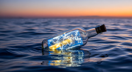 A corked glass bottle containing a rolled-up message floats on the ocean waves at sunset. The bottle is magically illuminated from within, revealing a glowing blue map of the world, symbolizing global communication, hope, connection, and mystery.の素材