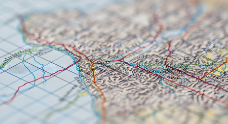 A close-up, selective focus shot of a colorful topographic map, showing intricate details of terrain, rivers, and grid lines. The shallow depth of field blurs the surrounding areas, drawing attention to a specific location. The image evokes a sense of travel, geography, planning, and adventure.の素材