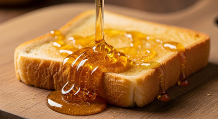 A delicious close-up of rich, golden honey being drizzled onto a slice of white toast. The thick, viscous honey flows and pools on the bread, creating a tempting and sweet image of a classic breakfast or snack.の素材