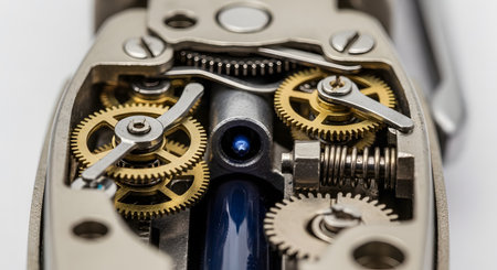 A detailed macro shot revealing the intricate inner workings of a mechanical device, possibly a vintage lighter or a clockwork machine. Exposed brass gears, cogs, springs, and levers demonstrate precision engineering and complex mechanics. The image symbolizes technology, craftsmanship, and the inner workings of a system.の素材