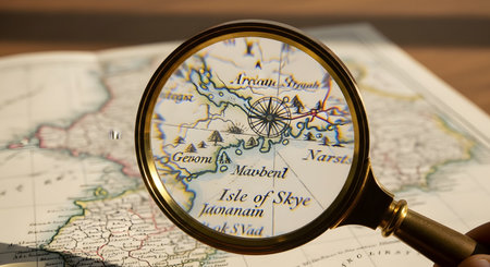 A classic brass magnifying glass is held over a vintage-style map, enlarging the details of the 'Isle of Skye' and a compass rose. This image represents themes of exploration, discovery, travel planning, research, and adventure.の素材