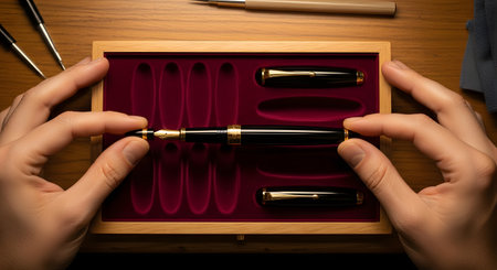 A top-down view shows a pair of hands carefully placing an elegant black and gold fountain pen into a wooden presentation box lined with rich, red velvet. The scene suggests a precious gift, a valuable collection, or the careful handling of a fine instrument.の素材