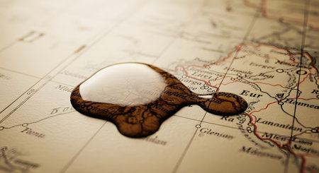 A single, clear drop of water rests on the surface of a vintage, sepia-toned map, acting like a lens to magnify the intricate details beneath it. The image conceptually represents focusing on a specific detail, discovery, or a moment of clarity in a larger plan. The lighting is warm and dramatic, highlighting the drop.の素材
