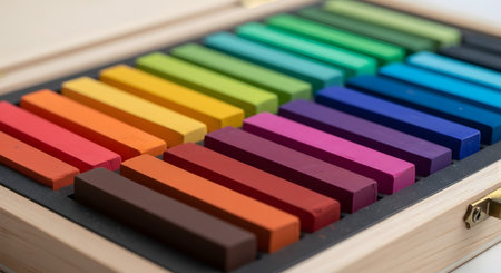 A wooden box is opened to reveal a neat arrangement of colorful artist's chalk pastels. The rectangular sticks are sorted in a spectrum of vibrant colors, ready for drawing, sketching, and creating art.の素材