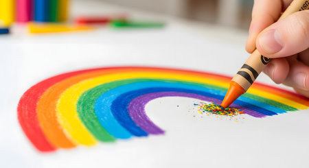 A close-up view of a hand carefully drawing a vibrant, multi-colored rainbow onto white paper using an orange crayon. Small flecks of crayon wax are visible on the paper, highlighting the texture and simple joy of this creative childhood activity.の素材