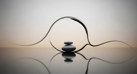 Two perfectly balanced Zen stones are stacked in the center of an elegant, hand-drawn calligraphy brush stroke, known as an ensÅ circle. The minimalist composition, set against a calm gradient background with a perfect reflection, represents harmony, balance, meditation, and enlightenment.の素材