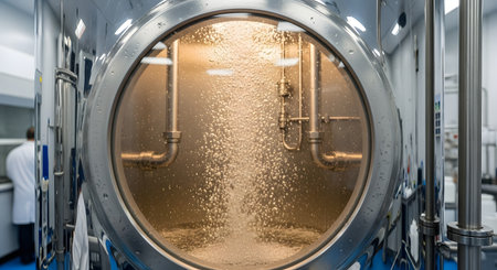 A view through the circular glass window of a large stainless steel bioreactor or industrial tank, likely in a pharmaceutical or food production facility. The liquid inside is vigorously bubbling, indicating a fermentation or mixing process is underway. The image showcases advanced manufacturing, biotechnology, and scientific processes.の素材