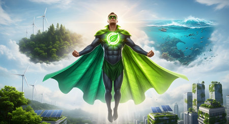 An environmental superhero with a glowing green leaf emblem floats majestically above a thriving planet. The background is a montage of sustainability, featuring green cities, wind turbines, solar panels, and clean oceans. This illustration powerfully symbolizes environmental protection, renewable energy, and the fight for a greener future.の素材