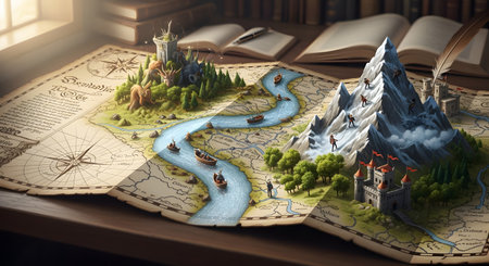An incredible 3D fantasy map comes to life on a wooden desk, with miniature mountains, castles, dragons, and boats rising from its surface. This image beautifully illustrates concepts of adventure, strategy games, world-building, and epic storytelling.の素材