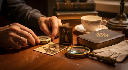 A person is engaged in genealogical research, carefully examining old, sepia-toned family photographs on a wooden desk. Various antique items like a compass, a magnifying glass, old books, and white gloves surround the photos, creating a nostalgic and scholarly atmosphere. The scene evokes a sense of discovering one's roots, family history, and connecting with the past.の素材