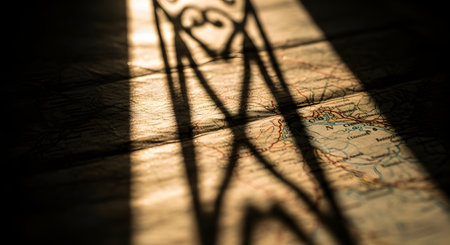 A single, bright beam of light cuts through a dark room, illuminating a section of a map on a table. The light casts a long, dramatic, and intricate shadow from an unseen object, creating a mysterious and adventurous mood suggestive of a quest or discovery.の素材