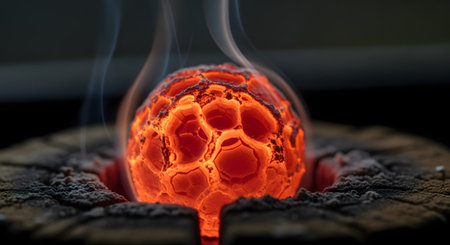 A macro shot of a spherical object glowing with intense orange heat, resembling a hot coal or a fantastical dragon egg. The surface has a cracked, honeycomb-like texture, and delicate wisps of smoke rise from it. The image conveys concepts of heat, energy, power, and intensity.の素材