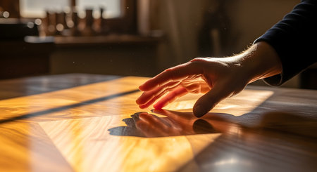 A person's hand is captured in a stream of warm sunlight as it gently touches the smooth, polished surface of a wooden table, highlighting the beautiful grain. The image conveys a sensory experience, emphasizing craftsmanship, quality, and the tactile connection to natural materials.の素材
