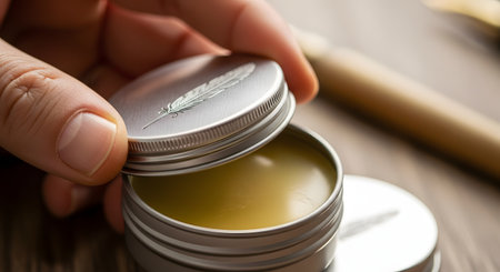 A close-up of a person's hand opening a small, round aluminum tin of balm or wax. The lid, which has a delicate feather design engraved on it, is being unscrewed to reveal the smooth, yellow product inside. The image suggests natural skincare, handmade cosmetics, or a personal care routine.の素材