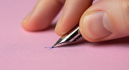 A close-up macro shot of a person's fingers holding a fountain pen as its nib makes contact with textured pink paper, leaving a delicate trace of blue ink. The image captures the elegant and personal act of writing, signing, or creating.の素材