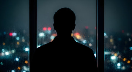 The dark silhouette of a person is seen from behind, looking out a large window at a rainy city at night. The window is covered in raindrops, which beautifully blur the colorful city lights into bokeh patterns. The image evokes a sense of loneliness, contemplation, solitude, and urban melancholy.の素材