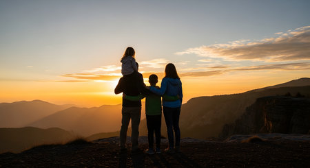 A silhouette of a family of fourâfather, mother, son, and a daughter on her father's shouldersâstands on a mountain peak, watching a beautiful golden sunset. They are looking out over layers of mountains, creating a scene of family unity, love, adventure, and shared memories.の素材