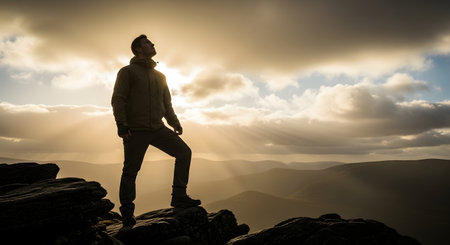 A triumphant hiker stands on a rocky mountain peak at sunrise, looking up as golden sunbeams break through the clouds. The powerful low-angle silhouette represents achievement, success, ambition, freedom, and overcoming challenges.の素材