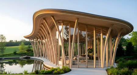 An elegant, modern pavilion made of light-colored wood and glass stands beside a tranquil pond at sunset. The building's organic, curving roof and supportive columns blend harmoniously with the surrounding green landscape, showcasing sustainable and contemporary architecture.の素材