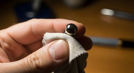 A close-up shot of a hand meticulously cleaning and polishing the cap of a black and gold luxury fountain pen with a soft grey cloth. The warm, soft lighting suggests a focus on craftsmanship, care, and the elegance of classic writing instruments.の素材