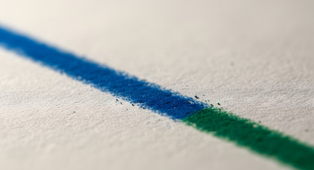 An extreme macro shot of a straight line drawn on textured art paper, showing a smooth gradient from blue to green. The detailed image reveals the texture of the paper and the powdery pigment of the crayon or pastel.の素材