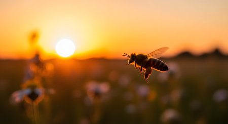 A honey bee is captured in mid-flight, its wings beating as it hovers in a wildflower meadow, beautifully backlit by the warm, golden light of the setting sun. This enchanting macro photograph celebrates the vital role of pollinators in nature. It evokes a sense of summer, tranquility, and the delicate beauty of the natural world.の素材