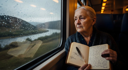 A thoughtful elderly woman sits by a rain-streaked window on a train, gazing at the passing landscape. She holds an open journal and a feather quill, suggesting she is a writer or is reflecting on her memories. The mood is contemplative, nostalgic, and peaceful.の素材